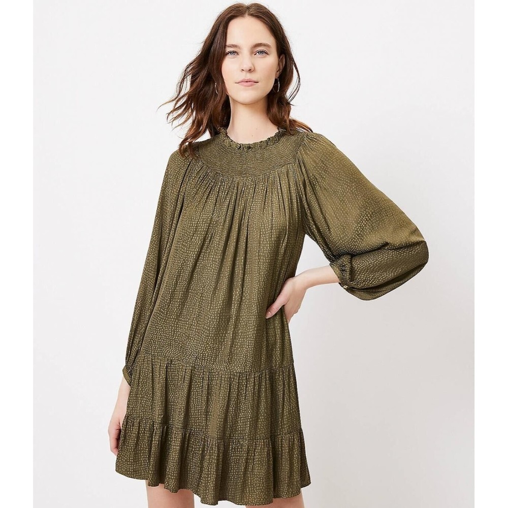 LOFT Smocked Yoke Swing Dress Blouson Sleeves Button Cuffs Size S Tiered Olive